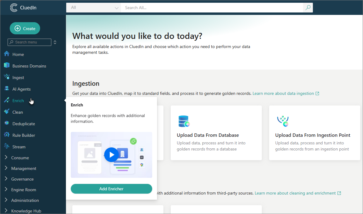 The Enrich submenu opened from the navigation menu, showing an onboarding video and an Add Enricher button